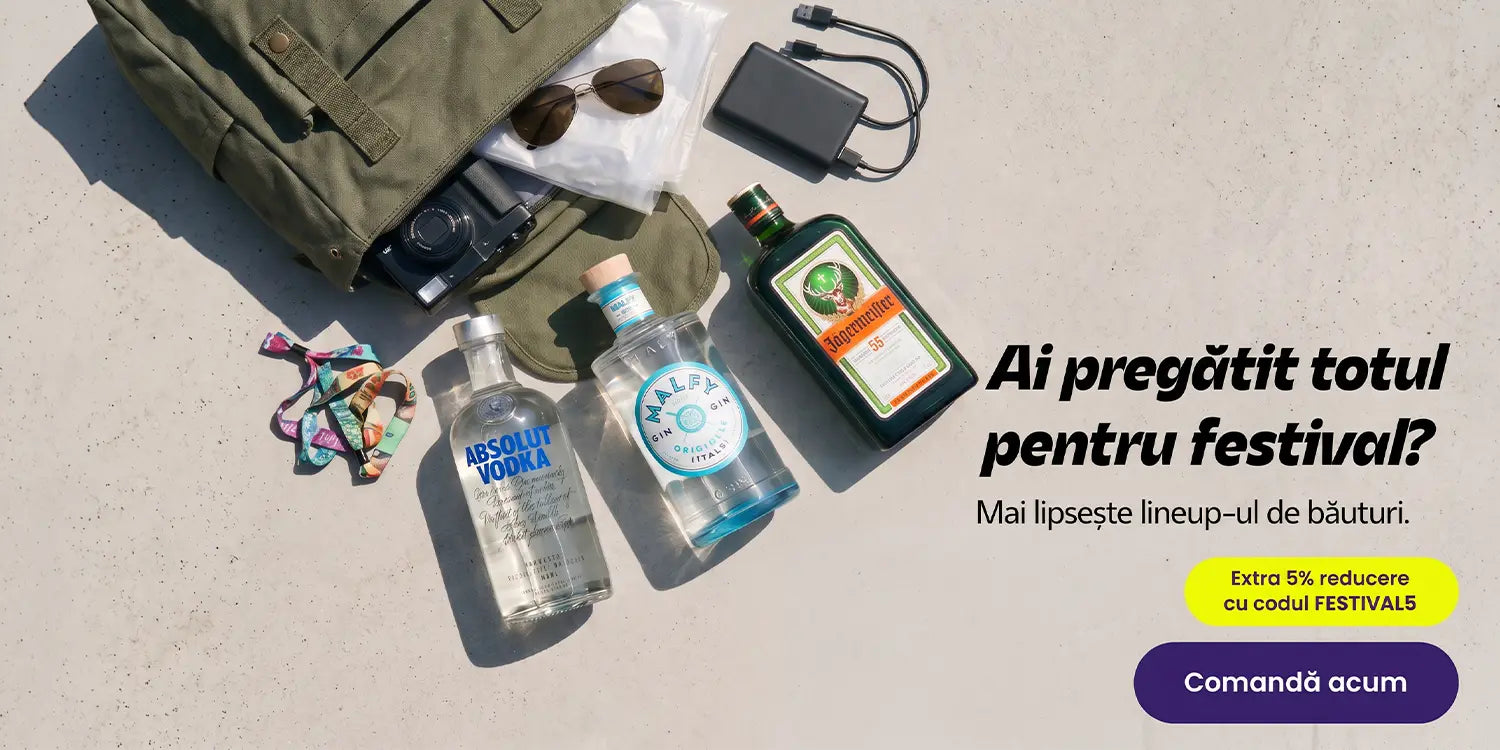 Rucsac și accesorii de festival, alături de sticle de Absolut Vodka, Malfy Gin și Jägermeister. Extra 5% reducere cu codul FESTIVAL5. Comandă acum.