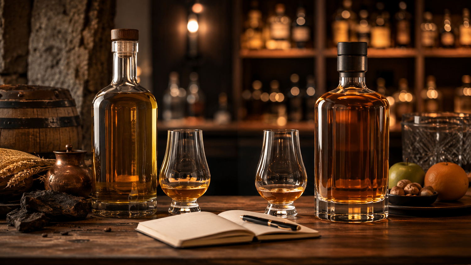 Sticle de whisky single malt și blended, pe un raft de bar
