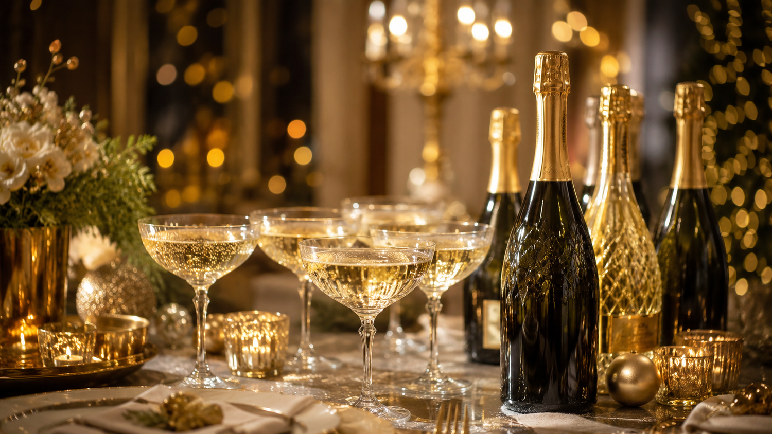 Cupe de șampanie și sticle de prosecco și spumant pentru o ocazie festivă