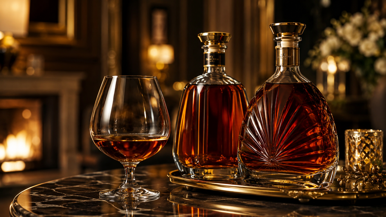 Pahar de coniac (snifter) și sticle de brandy VSOP și XO pe o masă elegantă