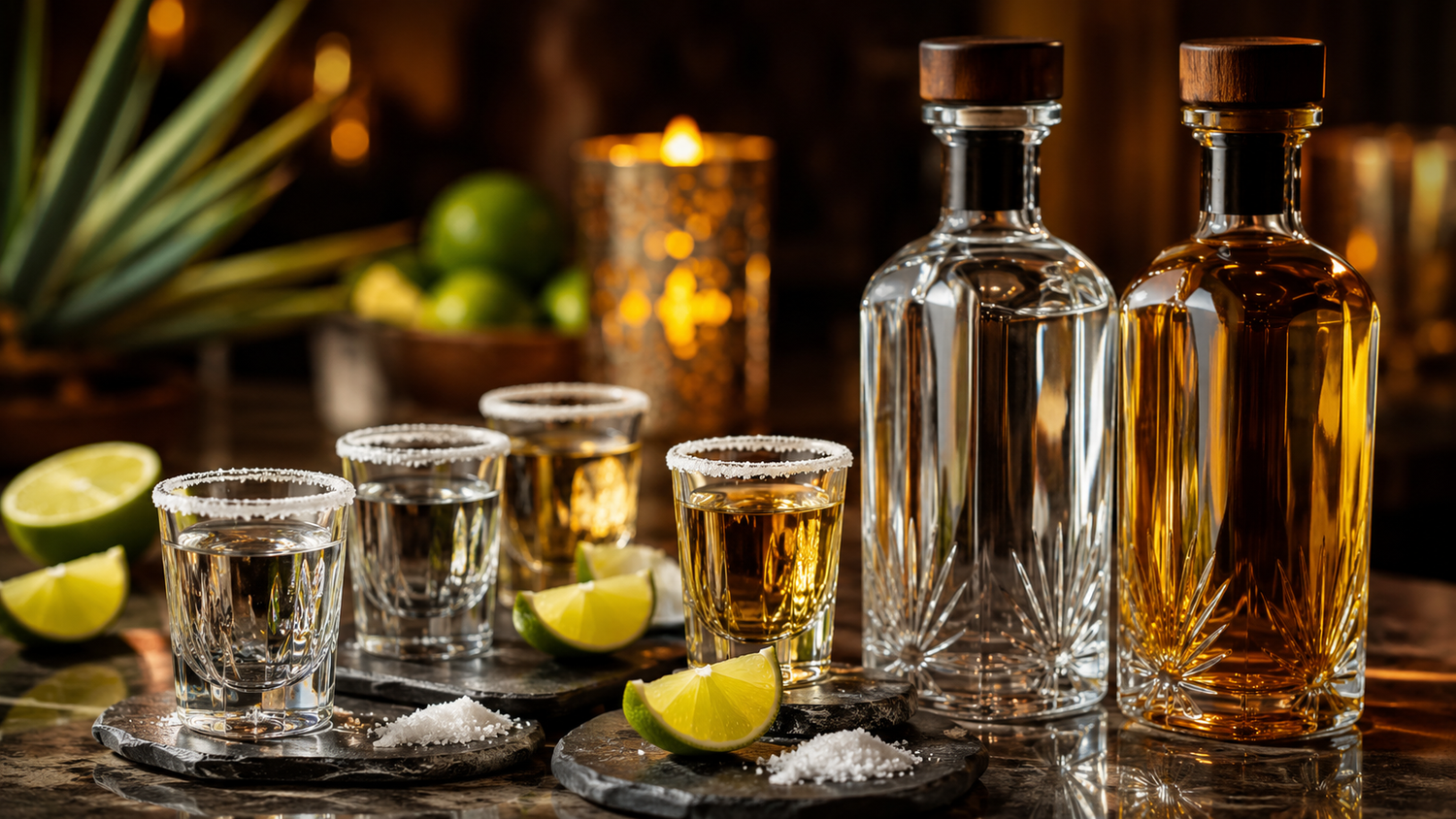 Pahare de tequila cu lime și sare, alături de sticle blanco și reposado