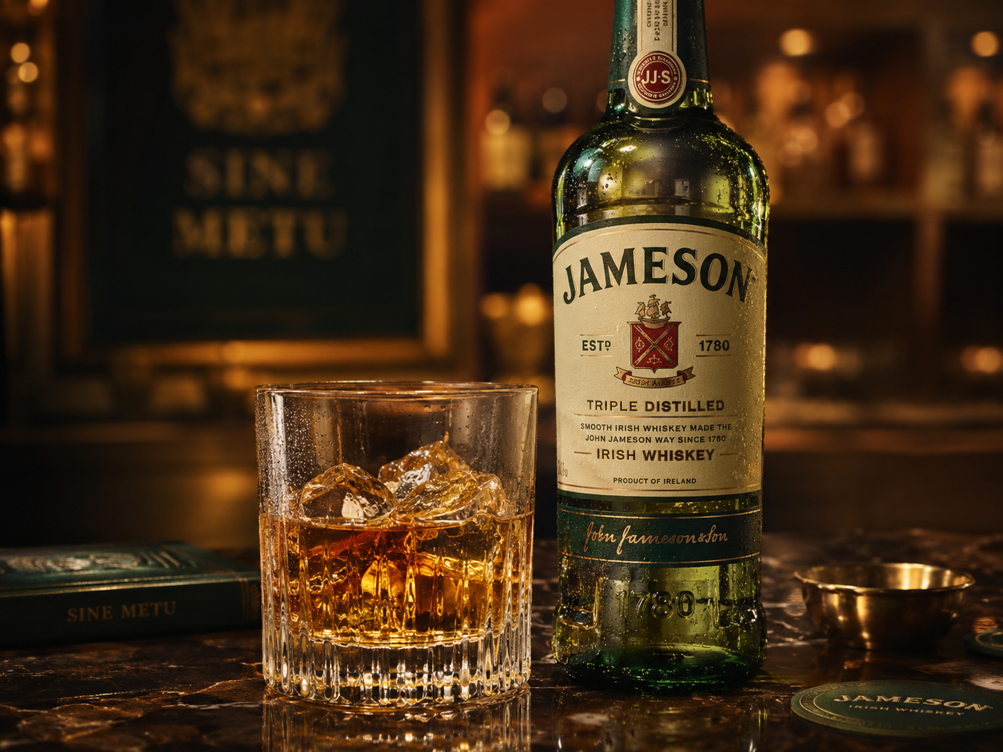 Pahar de whiskey irlandez Jameson cu gheață, lângă sticlă, iDrinks