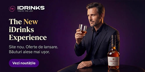 Man holding a glass of whiskey with iDrinks branding and product display on a purple background