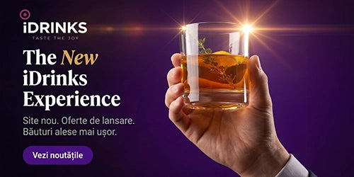 Hand holding a glass of whiskey with iDrinks branding on a dark background
