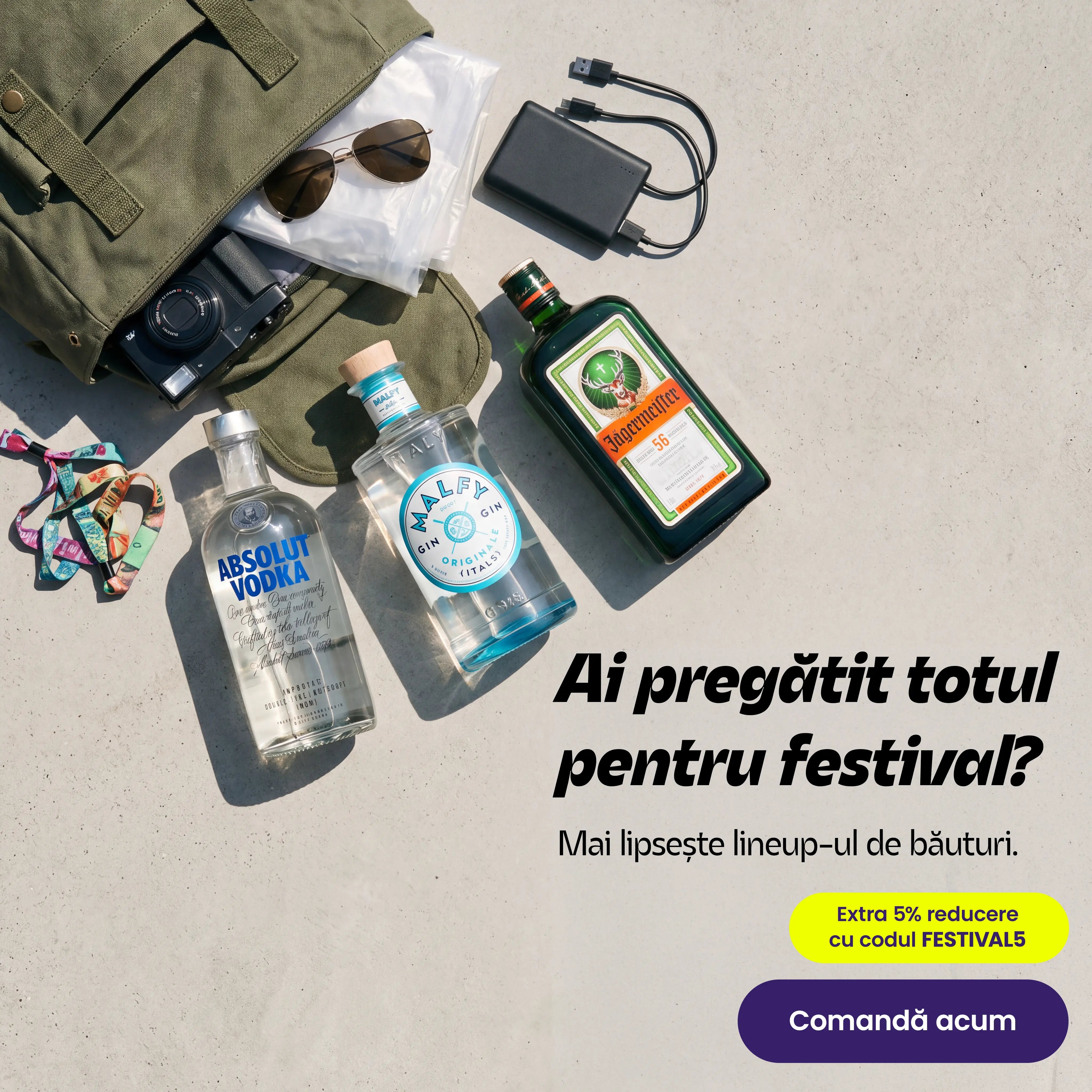 Rucsac și accesorii de festival, alături de sticle de Absolut Vodka, Malfy Gin și Jägermeister. Extra 5% reducere cu codul FESTIVAL5. Comandă acum.